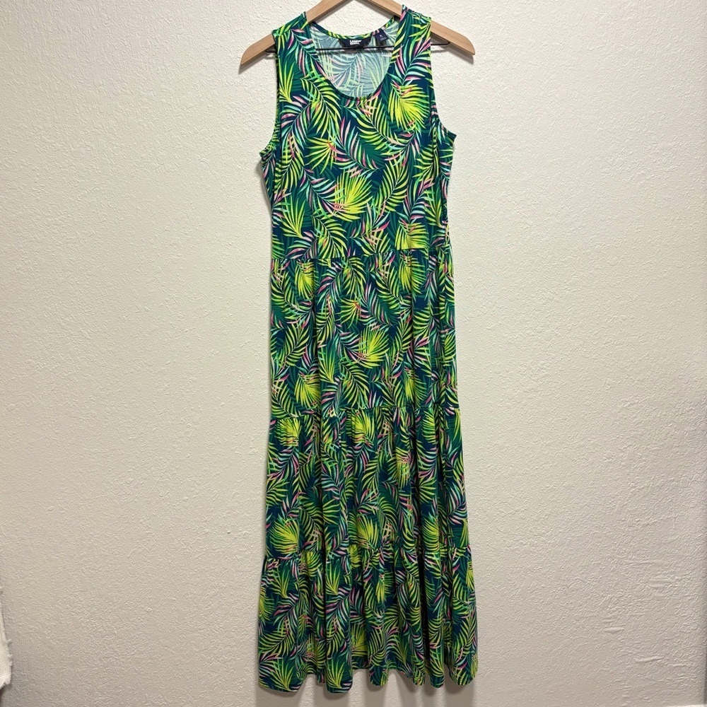 Lands End Sleeveless Tiered Maxi Dress S Baltic Teal Multi Palm Green tropical